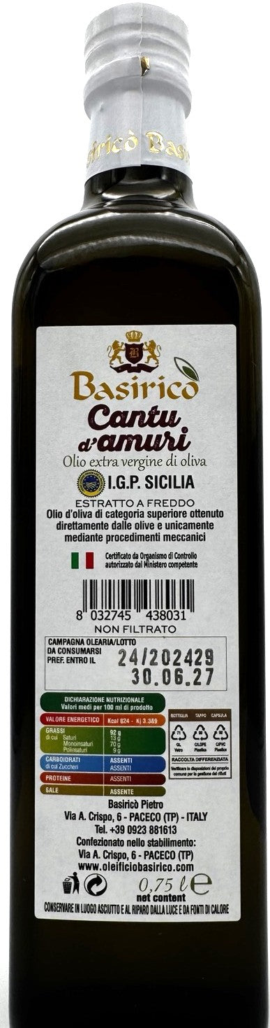 Basiricò Cantu d'Amuri — I.G.P. Sicilia Extra Virgin Olive Oil 750ml (Unfiltered, Cold Extracted)