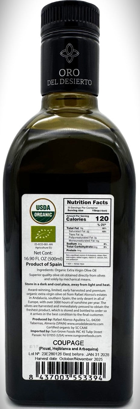 Oro del Desierto Organic Extra Virgin Olive Oil — 500ml (Cold Extracted, Picual/Hojiblanca/Arbequina)